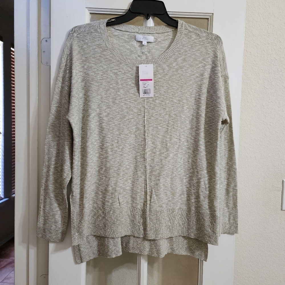 NWT New Directions Hi Low Sweater L Morel Tan Cotton Blend Side Slit